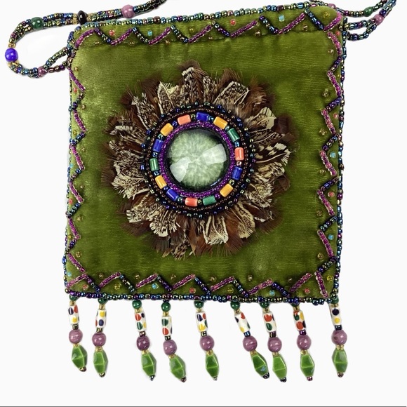 Velveteen Boho Mini Purse in Green has Feathers, Beaded Fringe and Strap. - Picture 4 of 7